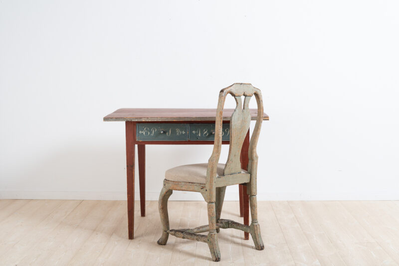 Writers desk with two drawers from the village Alfta in Hälsingland, northern Sweden. Paint pine in untouched original condition with the original paint. Painted monogram and dated 1839.