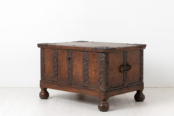 Swedish baroque chest from the later half of the 18th century. The chest has original details in hand wrought iron such as the handle, lock and key