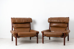 Inca armchairs by Arna Norell designed 1971. The pair of armchairs have upholstery in buffalo leather and frames made from birch.