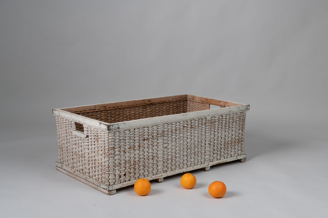 Woven basket from pine shavings made during the late 1800s. Original white paint. For more Miscellaneous
