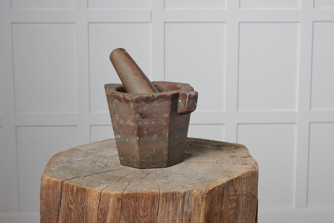 Antique stone mortar and pestle from Sweden made around the mid 1800s. They both have traces of use as well as patina and character