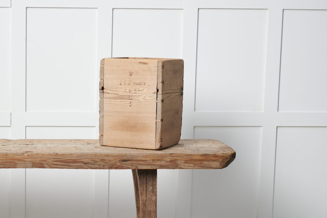Antique wood box measurement from Sweden. The box was used to measure volume and is marked with a crown and date, 1831.
For more Miscellaneous