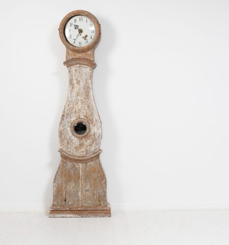 Classic long case clock in rococo from Sweden made around the early to mid 19th century, 1820 t0 1840. The clock is painted pine