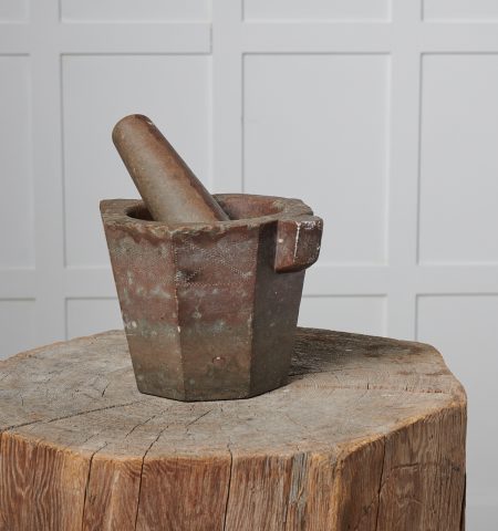 Antique stone mortar and pestle from Sweden made around the mid 1800s. They both have traces of use as well as patina and character