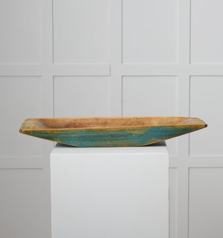 Antique Swedish wooden plate or trough made in northern Sweden around 1820 to 1840. The trough has original blue paint