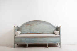 Rare gustavian sofa from northern Sweden. Made around 1790. Dry scarped to the original blue paint. Good patina. Straight model with a curved back