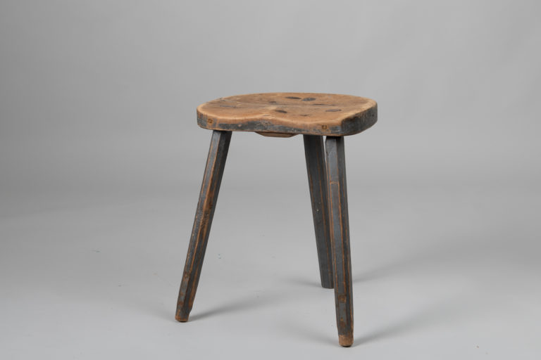 Blue Folk Art Stool with Three Legs and Good Patina