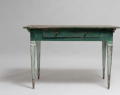 Green Swedish gustavian desk in painted pine. Old historic paint from the 1800s with visible distress and patina. Hand made wooden handles