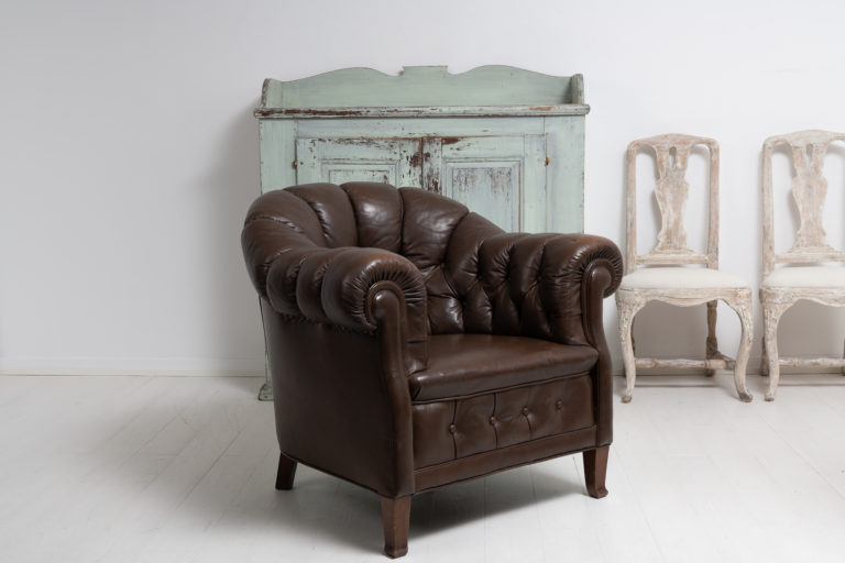 Brown Leather Chesterfield Armchair from Sweden
