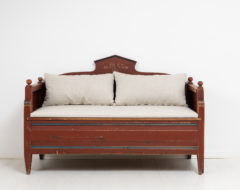 Folk art sofa or bench from northern Sweden with the dating 1855. The sofa is charming and unusually short with hand carved wooden decorations