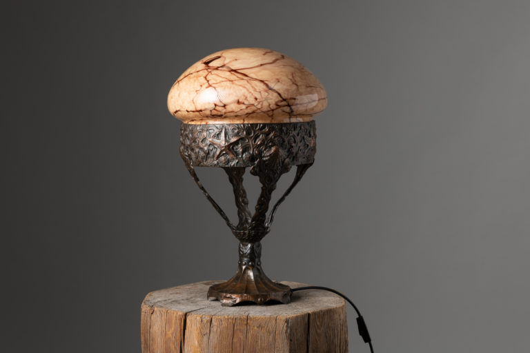 Art Nouveau Table Lamp in Copper and Marbled Glass