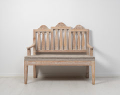 Small sofa in gustavian style from Sweden. The back of the sofa consist of 3 sections with the typical gustavian decor and shape.