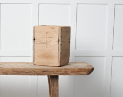 Antique wood box measurement from Sweden. The box was used to measure volume and is marked with a crown and date, 1831. For more Miscellaneous