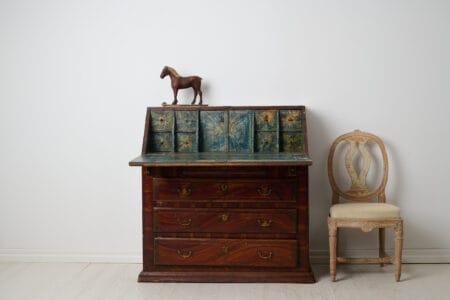 Folk art secretary desk with a painted date, 1840, and initials. This genuine folk art furniture was made in northern Sweden during the 1800s.