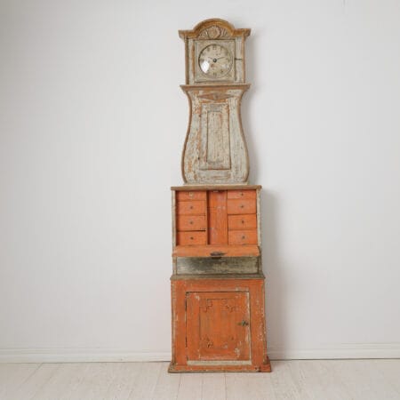 Antique longcase clock cabinet with bureau from northern Sweden around 1850. An unusual and charming example of a combined furniture