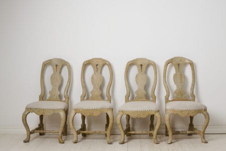 Set of Swedish rococo chairs from the later half of the 1700s, around 1780 to 1790. The chairs are period rococo from Västerbotten, Sweden
