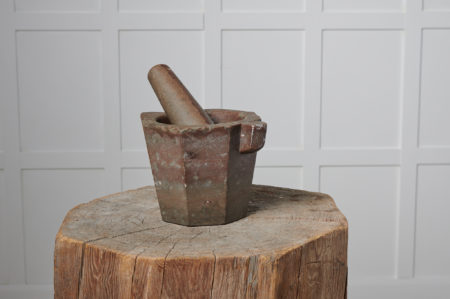 Antique stone mortar and pestle from Sweden made around the mid 1800s. They both have traces of use as well as patina and character