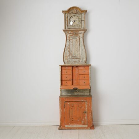 Antique longcase clock cabinet with bureau from northern Sweden around 1850. An unusual and charming example of a combined furniture