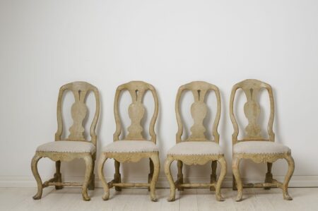 Set of Swedish rococo chairs from the later half of the 1700s, around 1780 to 1790. The chairs are period rococo from Västerbotten, Sweden