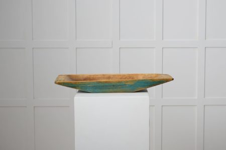 Antique Swedish wooden plate or trough made in northern Sweden around 1820 to 1840. The trough has original blue paint